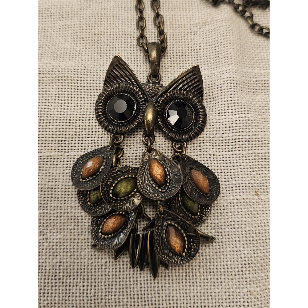 Vintage Rustic Owl Necklace Long Chain